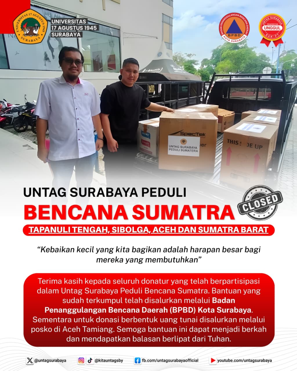 Untag Surabaya Peduli Bencana Sumatra