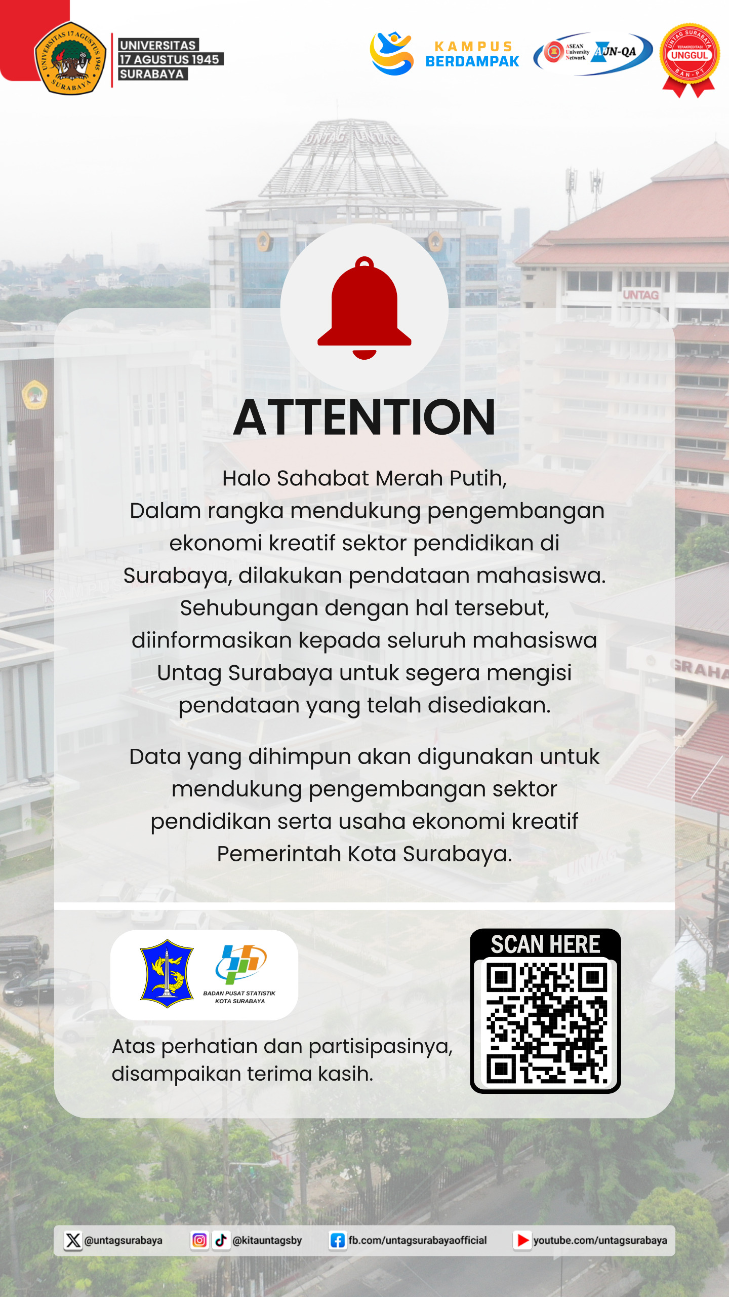 Dalam rangka mendukung pengembangan sektor pendidikan dan ekonomi kreatif Kota Surabaya, dilakukan pendataan mahasiswa Untag Surabaya.