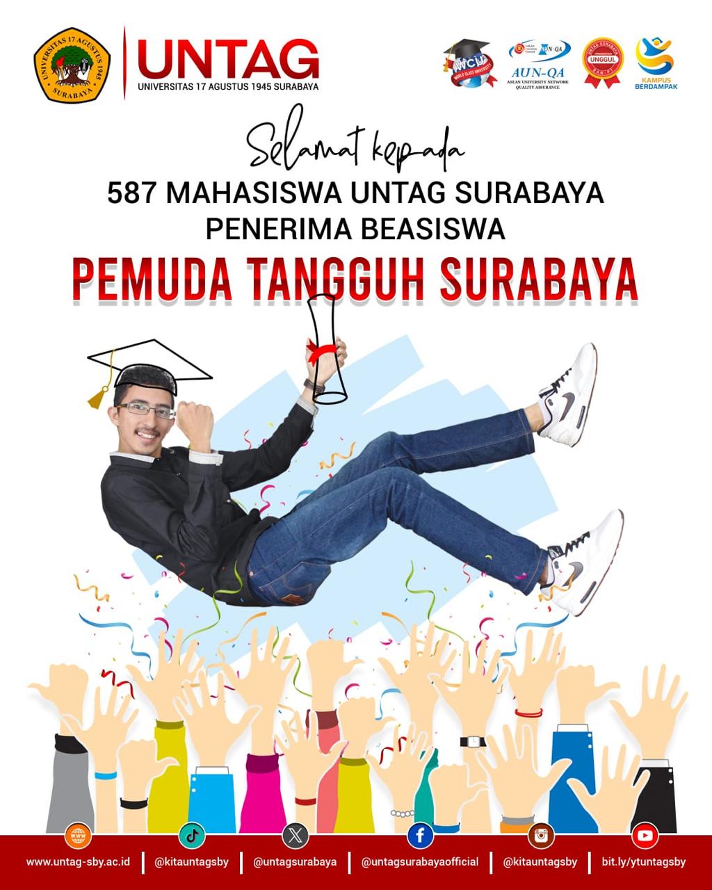 Selamat kepada 587 mahasiswa Kampus Merah Putih Untag Surabaya yang berhasil menjadi penerima Beasiswa Pemuda Tangguh Surabaya. 
