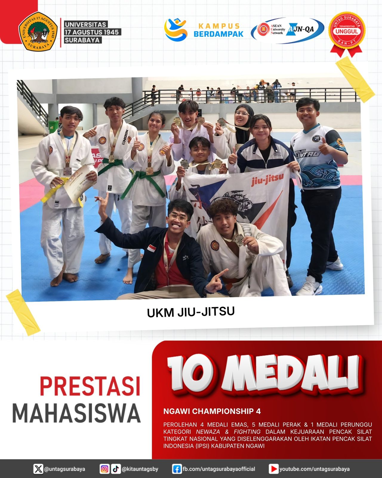 Selamat dan sukses atas prestasi gemilang yang diraih mahasiswa UKM Jiu-Jitsu Untag Surabaya