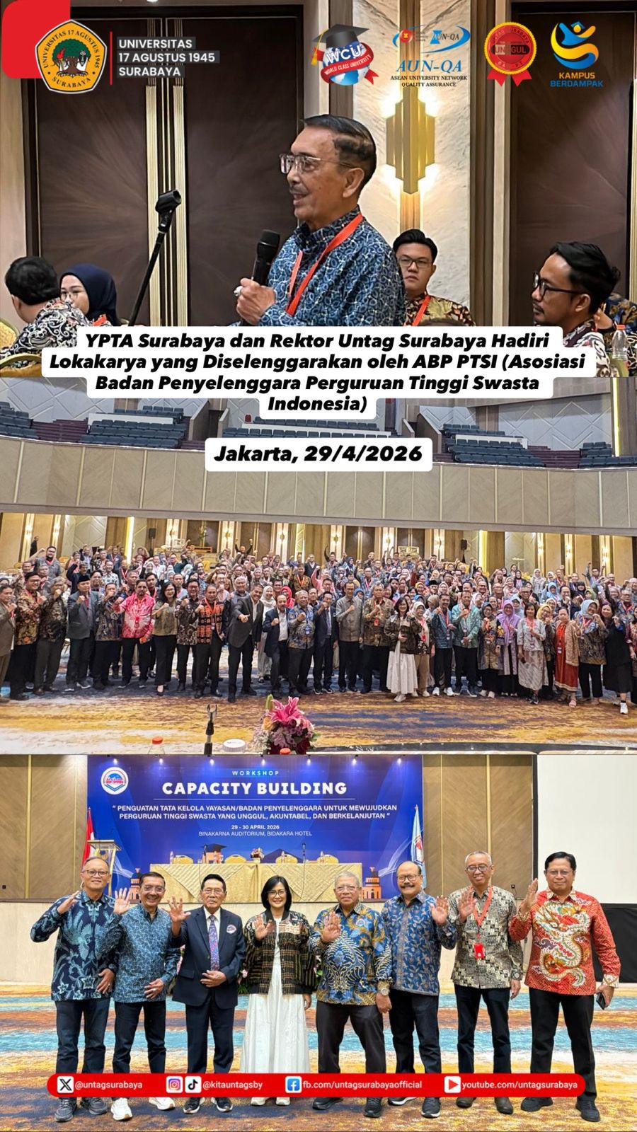 YPTA Surabaya dan Rektor Untag Surabaya Hadiri Lokakarya yang diselenggarakan oleh ABP PTSI (Asosiasi Badan Penyelenggara Perguruan Tinggi Swasta Indo