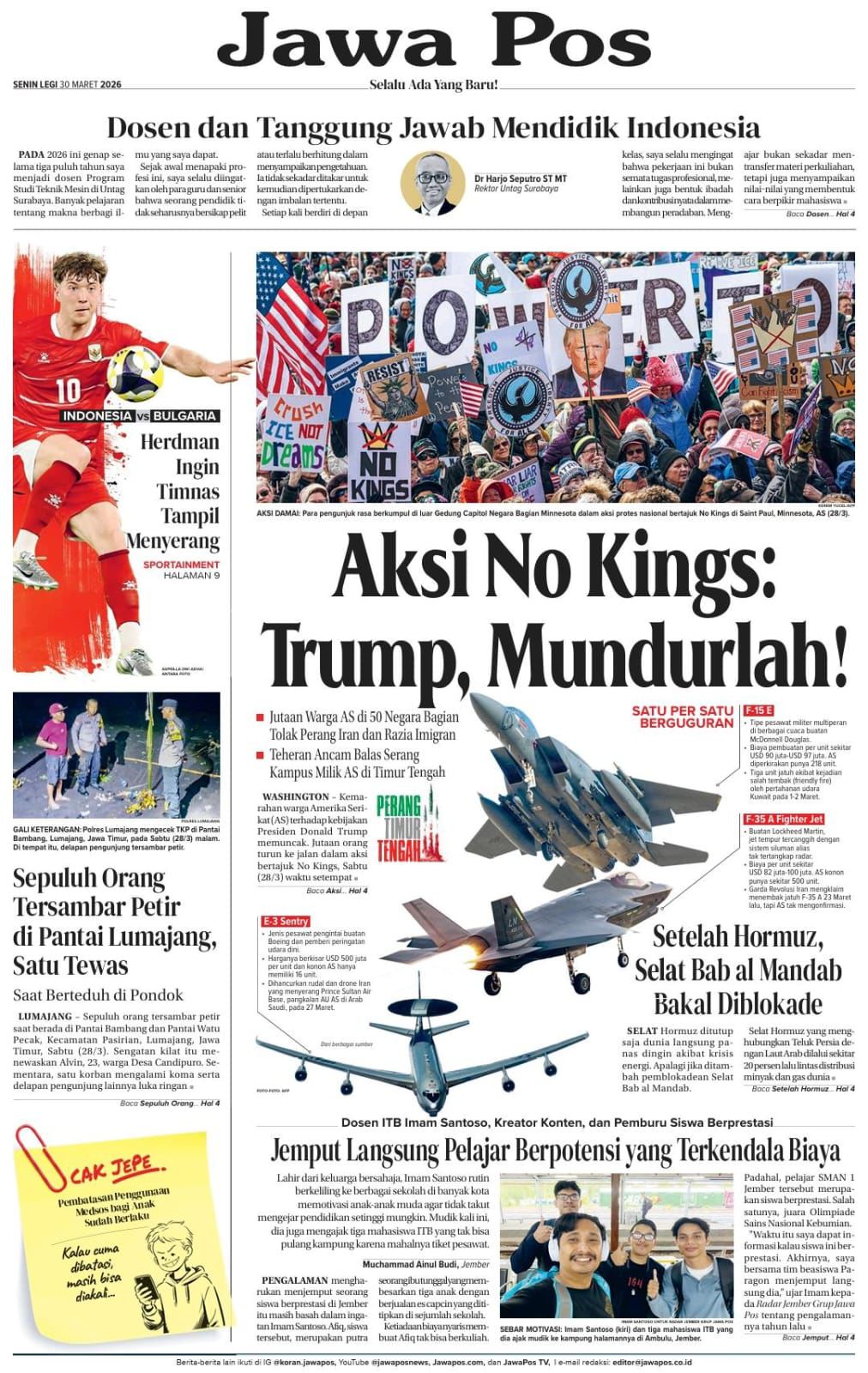 Koran Jawa Pos edar Nasional tanggal 30 Maret 2026, headline