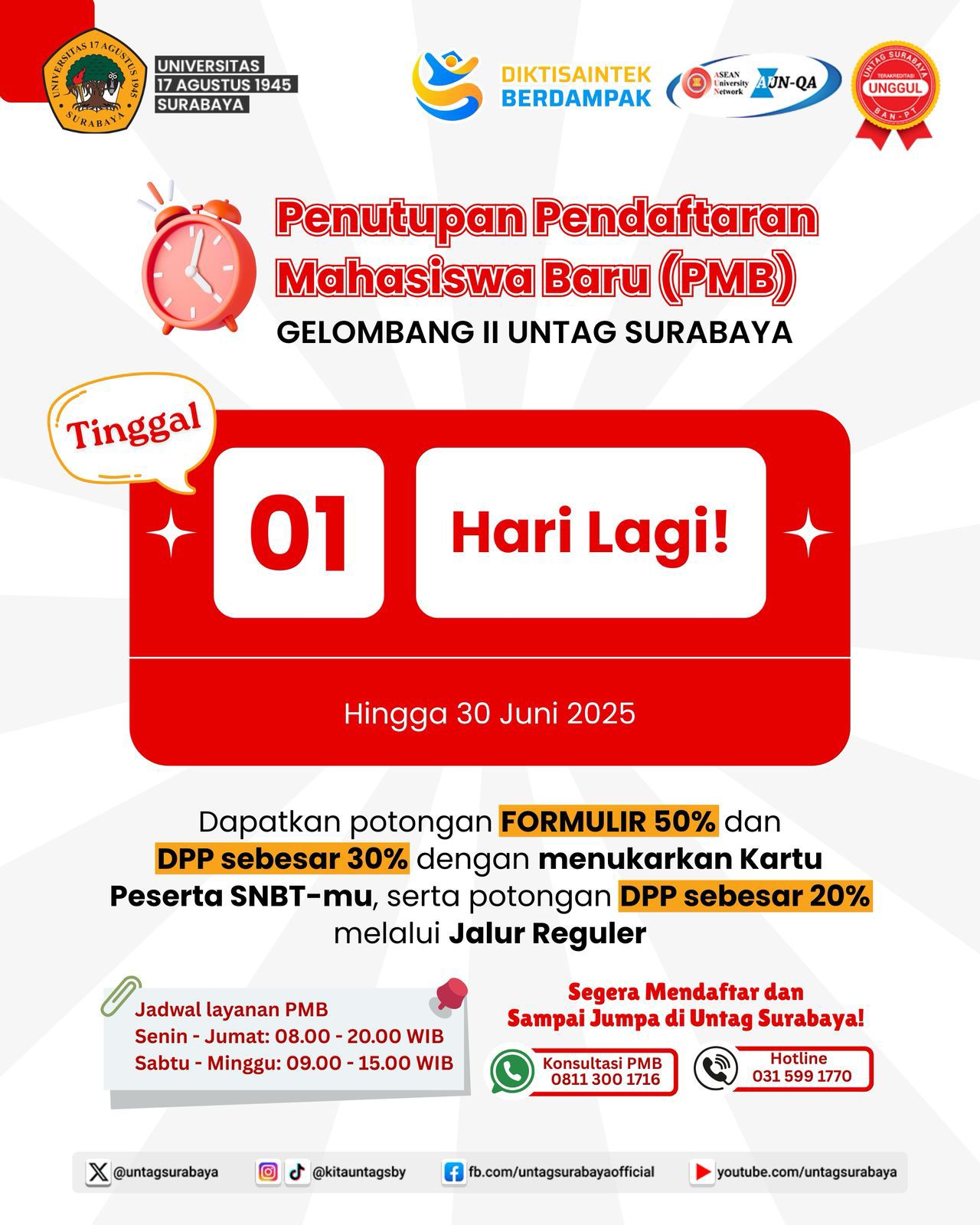 Penutupan Pendaftaran Mahasiswa Baru (PMB) Gelombang II Untag Surabaya